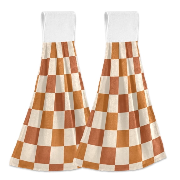 Yayeee Kitchen Hanging Hand Towels Set of 2 with Loop Bathroom Absorbent Tie Towel, Rusty Orange Plaid