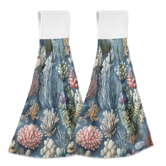 Yayeee Kitchen Hanging Hand Towels Set of 2 with Loop Bathroom Absorbent Tie Towel, Sea Plants Pattern