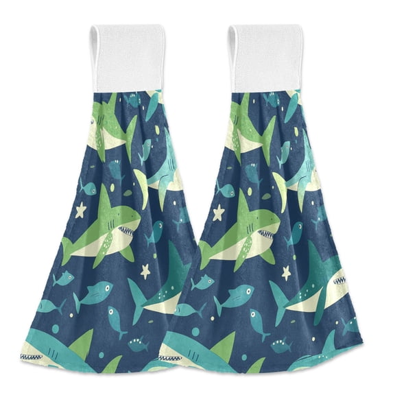 Yayeee Kitchen Hanging Hand Towels Set of 2 with Loop Bathroom Absorbent Tie Towel, Sharks Pattern