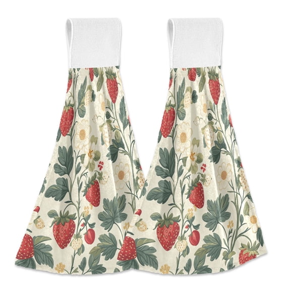 Yayeee Kitchen Hanging Hand Towels Set of 2 with Loop Bathroom Absorbent Tie Towel, Small Strawberry Pattern