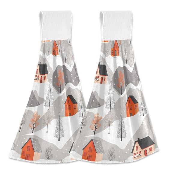 Yayeee Kitchen Hanging Hand Towels Set of 2 with Loop Bathroom Absorbent Tie Towel, Snow Cartoon Houses