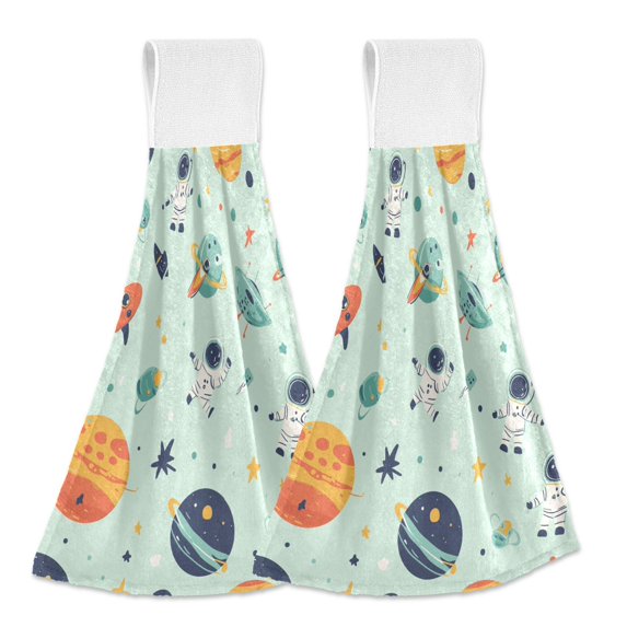 Yayeee Kitchen Hanging Hand Towels Set of 2 with Loop Bathroom Absorbent Tie Towel, Space Patterns