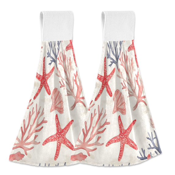Yayeee Kitchen Hanging Hand Towels Set of 2 with Loop Bathroom Absorbent Tie Towel, Starfish Seashell