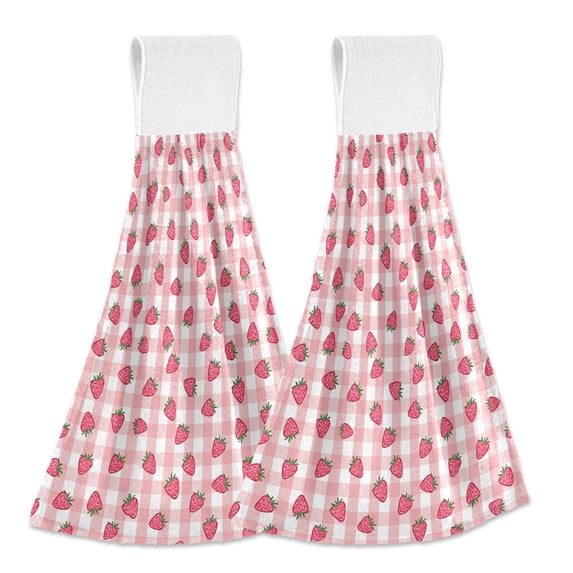Yayeee Kitchen Hanging Hand Towels Set of 2 with Loop Bathroom Absorbent Tie Towel, Strawberry Plaid Pattern