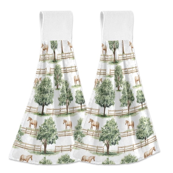 Yayeee Kitchen Hanging Hand Towels Set of 2 with Loop Bathroom Absorbent Tie Towel, Watercolor Horses Pattern