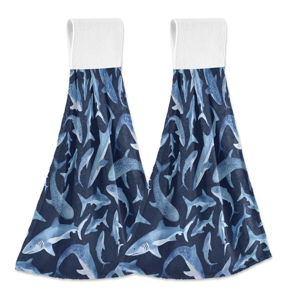 Yayeee Kitchen Hanging Hand Towels Set of 2 with Loop Bathroom Absorbent Tie Towel, Watercolor Shark Pattern
