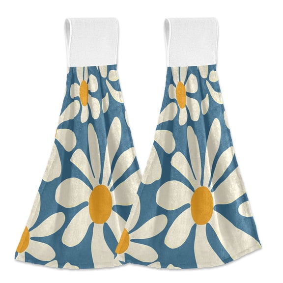 Yayeee Kitchen Hanging Hand Towels Set of 2 with Loop Bathroom Absorbent Tie Towel, Whimsy Daisy Pattern