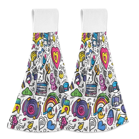 Yayeee Kitchen Hanging Hand Towels Set of 2 with Loop Bathroom Absorbent Tie Towel, White Doodle Pattern