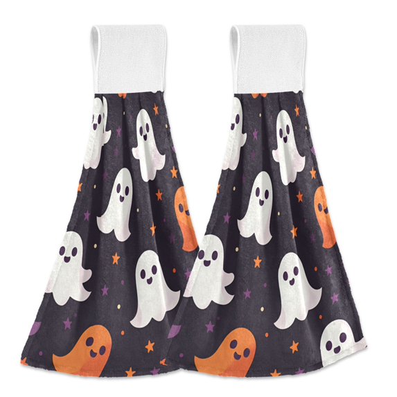 Yayeee Kitchen Hanging Hand Towels Set of 2 with Loop Bathroom Absorbent Tie Towel, White Halloween Ghosts