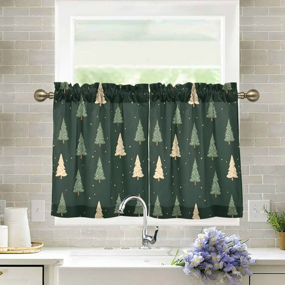 Yayeee Kitchen Curtains Tier Pair Light Filtering 27"x24" Rod Pocket Short Cafe Window Panel, Beige Christmas Trees