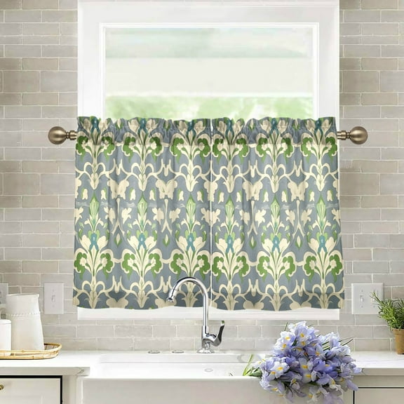 Yayeee Kitchen Curtains Tier Pair Light Filtering 27"x24" Rod Pocket Short Cafe Window Panel, Beige Floral
