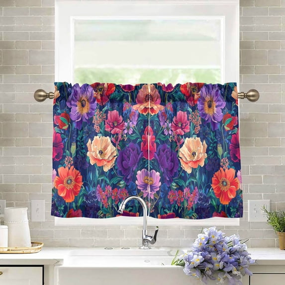 Yayeee Kitchen Curtains Light Filtering 27"x24" Rod Pocket Short Cafe Window Panel, Blooming Flowers Pattern