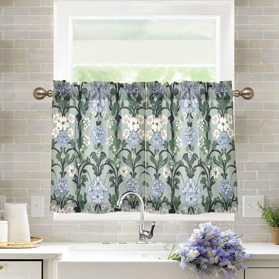 Yayeee Kitchen Curtains Tier Pair Light Filtering 27"x24" Rod Pocket Short Cafe Window Panel, Blue Blossom