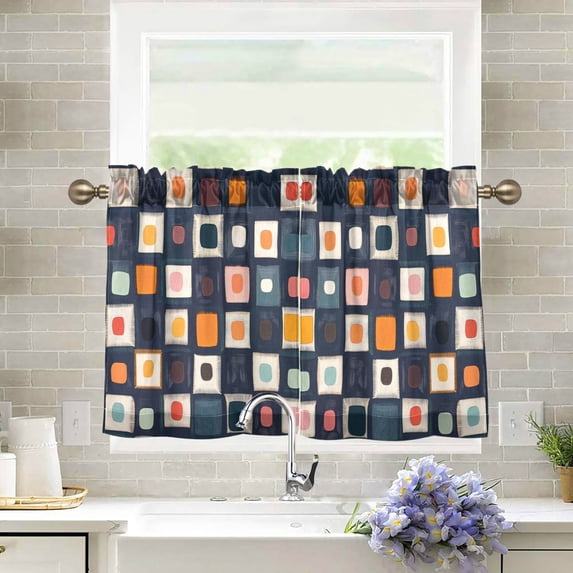 Yayeee Kitchen Curtains Tier Pair Light Filtering 27"x24" Rod Pocket Short Cafe Window Panel, Blue Circle Mosaic