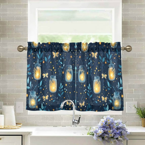 Yayeee Kitchen Curtains Light Filtering 27"x24" Rod Pocket Short Cafe Window Panel, Blue Fireflies Pattern