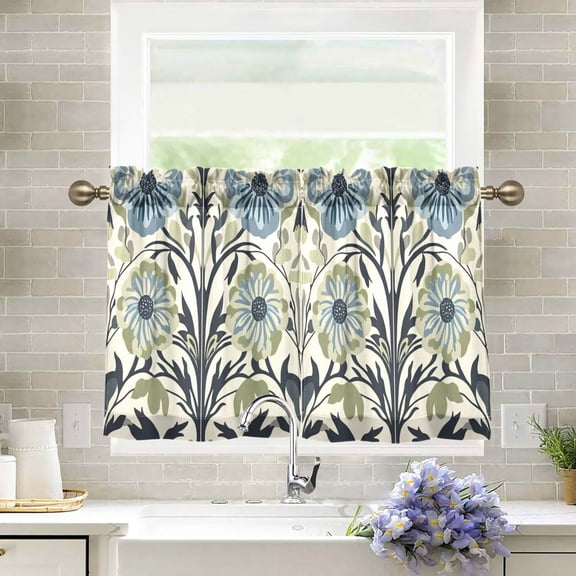 Yayeee Kitchen Curtains Tier Pair Light Filtering 27"x24" Rod Pocket Short Cafe Window Panel, Blue Floral Pattern