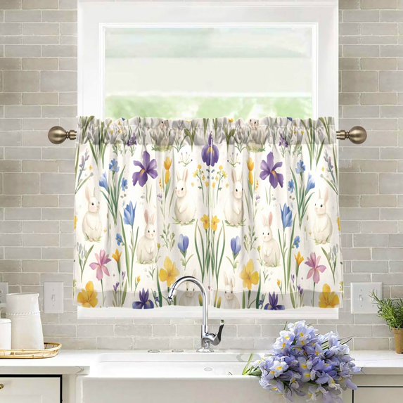 Yayeee Kitchen Curtains Tier Pair Light Filtering 27"x24" Rod Pocket Short Cafe Window Panel, Blue Floral Rabbit