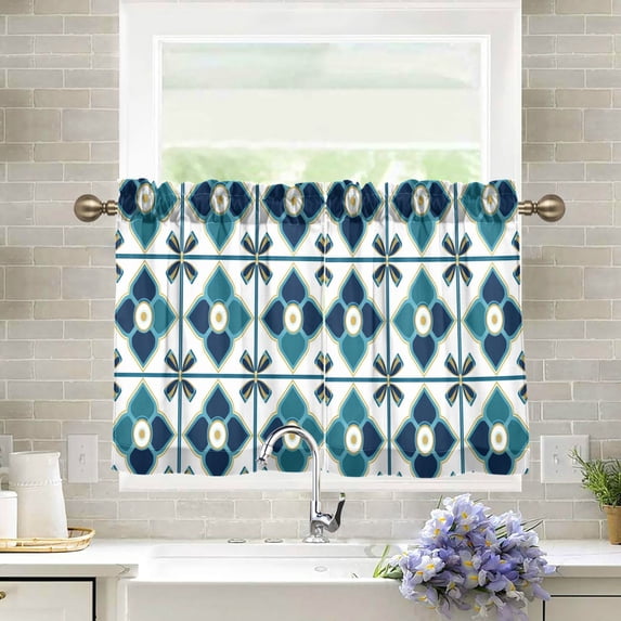 Yayeee Kitchen Curtains Tier Pair Light Filtering 27"x24" Rod Pocket Short Cafe Window Panel, Blue Mosaic Pattern