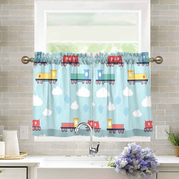 Yayeee Kitchen Curtains Tier Pair Light Filtering 27"x24" Rod Pocket Short Cafe Window Panel, Blue Trains Pattern