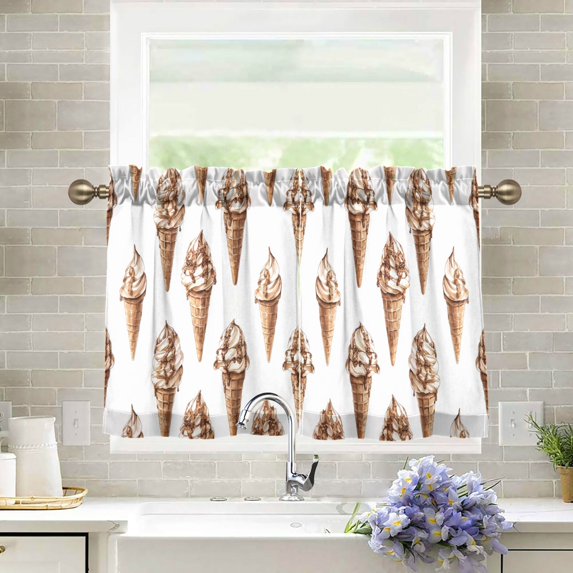 Yayeee Kitchen Curtains Tier Pair Light Filtering 27"x24" Rod Pocket Short Cafe Window Panel, Brown Ice Cream Pattern
