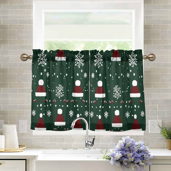 Yayeee Kitchen Curtains Tier Pair Light Filtering 27"x24" Rod Pocket Short Cafe Window Panel, Christmas Santa Hats
