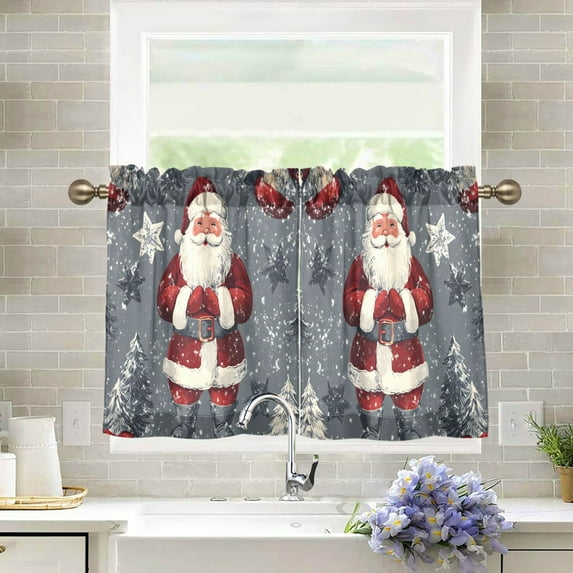 Yayeee Kitchen Curtains Tier Pair Light Filtering 27"x24" Rod Pocket Short Cafe Window Panel, Christmas Santa