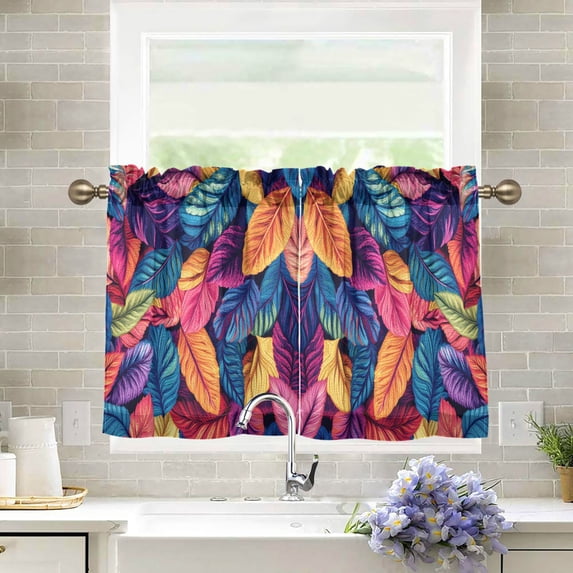 Yayeee Kitchen Curtains Tier Pair Light Filtering 27"x24" Rod Pocket Short Cafe Window Panel, Colorful Art Leaves Pattern