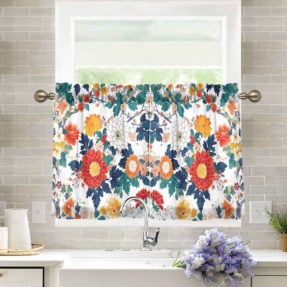 Yayeee Kitchen Curtains Tier Pair Light Filtering 27"x24" Rod Pocket Short Cafe Window Panel, Colorful Flowers Pattern