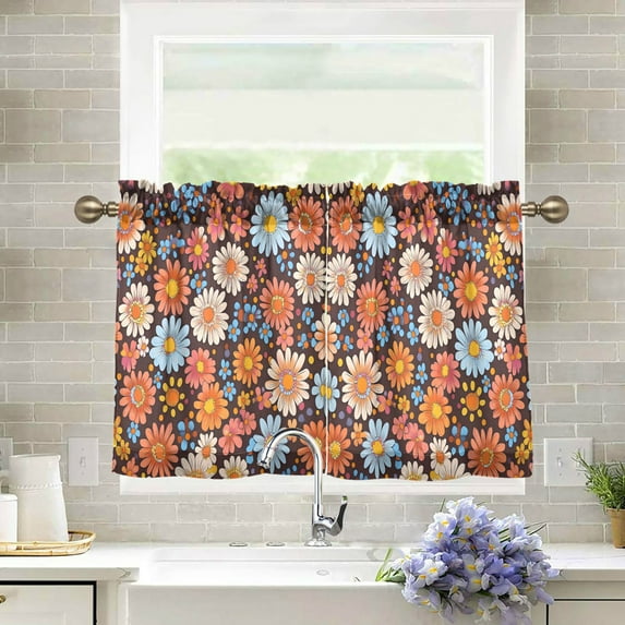 Yayeee Kitchen Curtains Light Filtering 27"x24" Rod Pocket Short Cafe Window Panel, Colorful Flowers