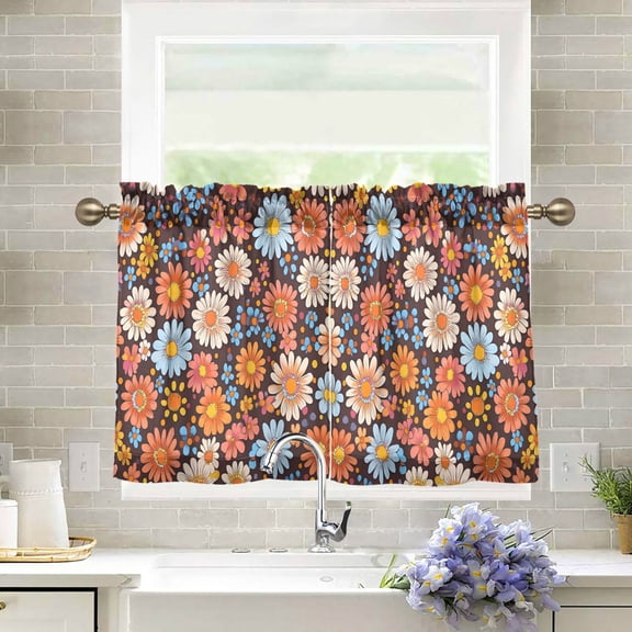 Yayeee Kitchen Curtains Light Filtering 27"x24" Rod Pocket Short Cafe Window Panel, Colorful Flowers