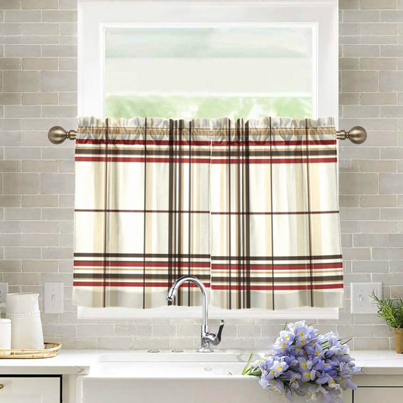 Yayeee Kitchen Curtains Tier Pair Light Filtering 27"x24" Rod Pocket Short Cafe Window Panel, Cream Plaid