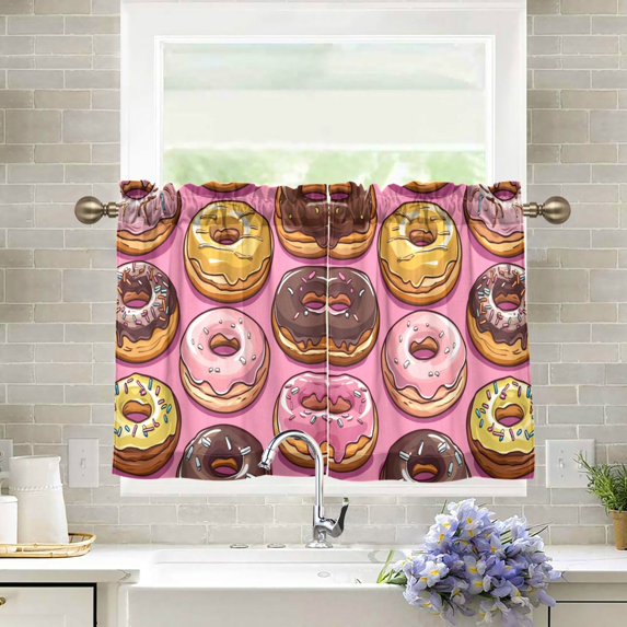 Yayeee Kitchen Curtains Tier Pair Light Filtering 27"x24" Rod Pocket Short Cafe Window Panel, Cute Doughnuts Pattern