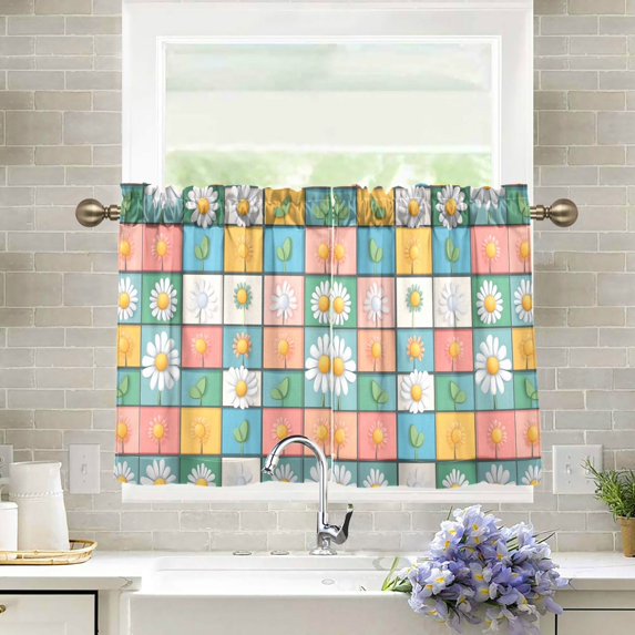 Yayeee Kitchen Curtains Tier Pair Light Filtering 27"x24" Rod Pocket Short Cafe Window Panel, Daisy Mosaic