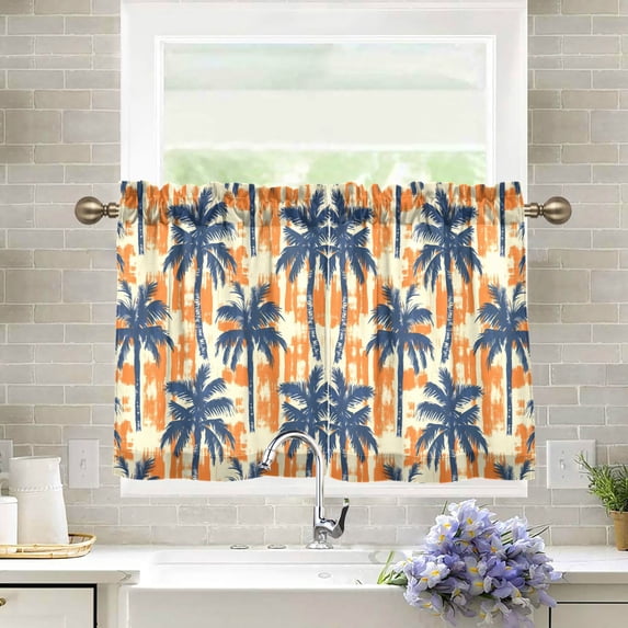 Yayeee Kitchen Curtains Tier Pair Light Filtering 27"x24" Rod Pocket Short Cafe Window Panel, Dark Blue Palm Pattern