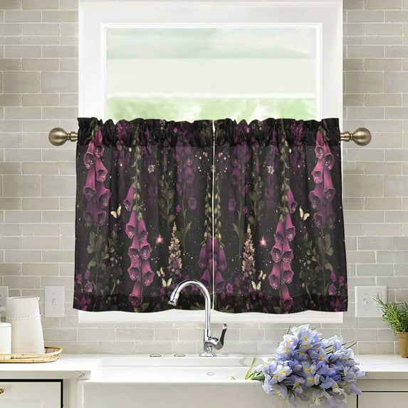 Yayeee Kitchen Curtains Tier Pair Light Filtering 27"x24" Rod Pocket Short Cafe Window Panel, Dark Purple Floral Pattern
