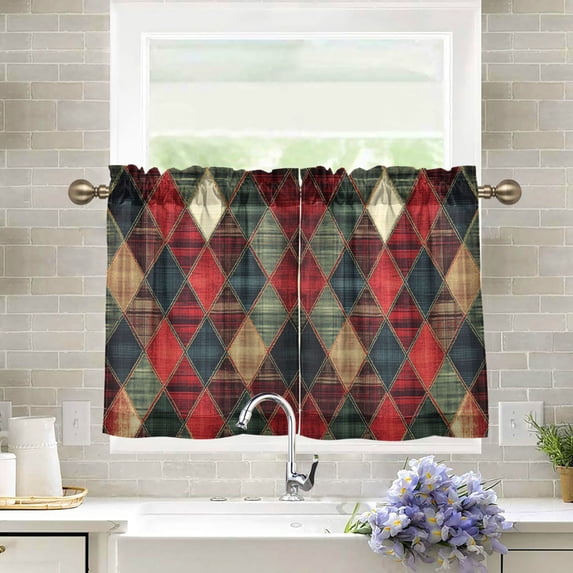 Yayeee Kitchen Curtains Tier Pair Light Filtering 27"x24" Rod Pocket Short Cafe Window Panel, Dark Tartan Pattern