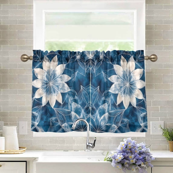 Yayeee Kitchen Curtains Tier Pair Light Filtering 27"x24" Rod Pocket Short Cafe Window Panel, Deep Blue Flower Pattern