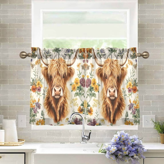 Yayeee Kitchen Curtains Tier Pair Light Filtering 27"x24" Rod Pocket Short Cafe Window Panel, Floral Cow