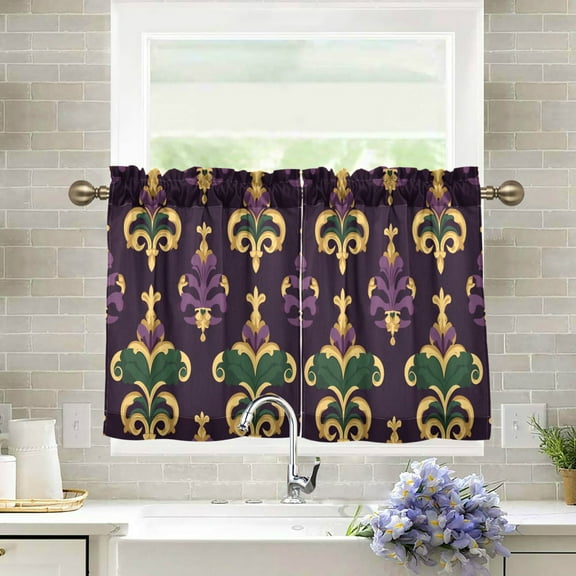 Yayeee Kitchen Curtains Light Filtering 27"x24" Rod Pocket Short Cafe Window Panel, Gold and Purple Floral Pattern