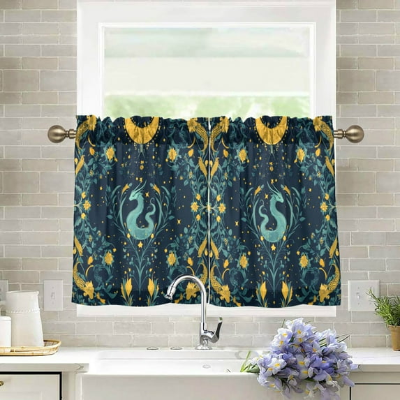Yayeee Kitchen Curtains Tier Pair Light Filtering 27"x24" Rod Pocket Short Cafe Window Panel, Green Dragon Flowers