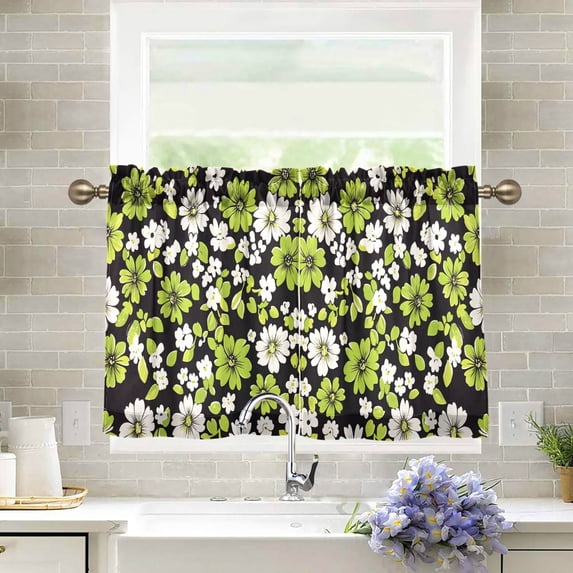 Yayeee Kitchen Curtains Tier Pair Light Filtering 27"x24" Rod Pocket Short Cafe Window Panel, Green Flower Pattern