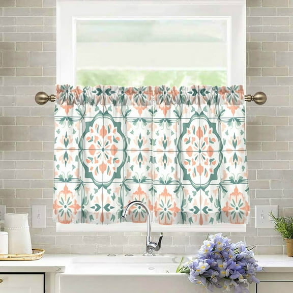 Yayeee Kitchen Curtains Tier Pair Light Filtering 27"x24" Rod Pocket Short Cafe Window Panel, Green Geometric Pattern