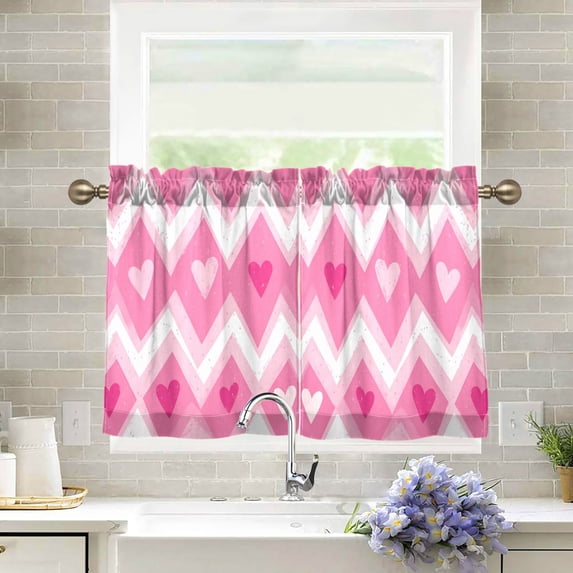 Yayeee Kitchen Curtains Light Filtering 27"x24" Rod Pocket Short Cafe Window Panel, Heart Geometric