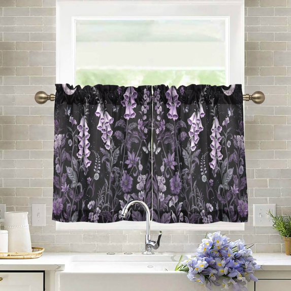 Yayeee Kitchen Curtains Light Filtering 27"x24" Rod Pocket Short Cafe Window Panel, Light Purple Flowers