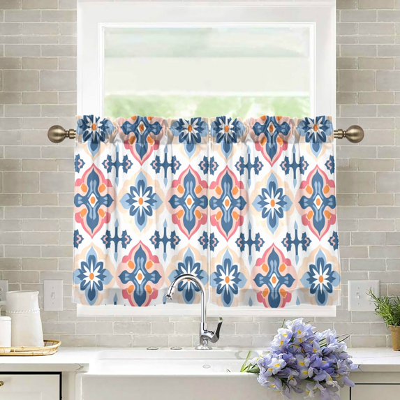 Yayeee Kitchen Curtains Tier Pair Light Filtering 27"x24" Rod Pocket Short Cafe Window Panel, Navy Blossom Mosaic