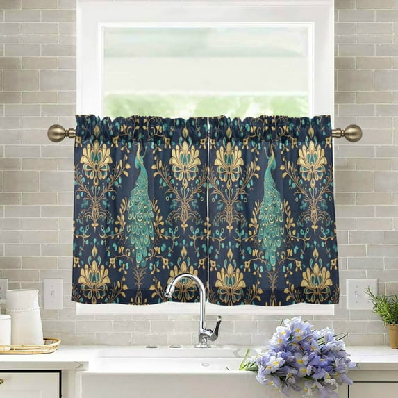 Yayeee Kitchen Curtains Tier Pair Light Filtering 27"x24" Rod Pocket Short Cafe Window Panel, Navy Blue Peacock Pattern