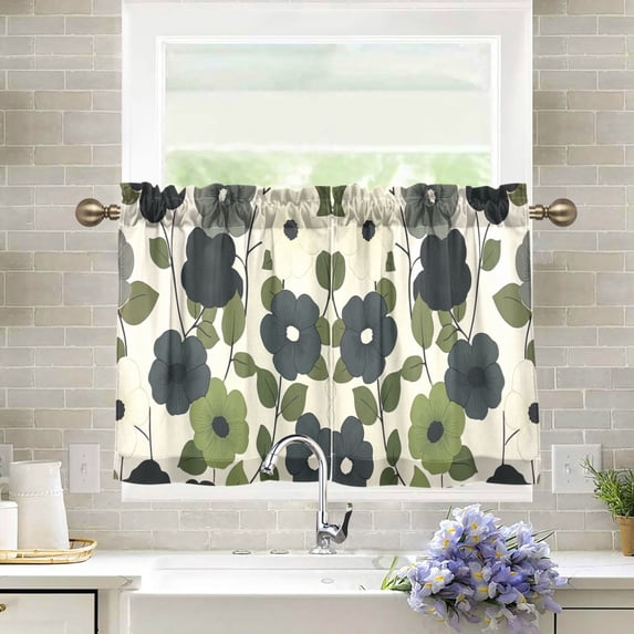 Yayeee Kitchen Curtains Tier Pair Light Filtering 27"x24" Rod Pocket Short Cafe Window Panel, Navy Flower