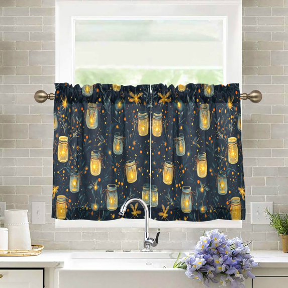Yayeee Kitchen Curtains Tier Pair Light Filtering 27"x24" Rod Pocket Short Cafe Window Panel, Orange Fireflies Pattern