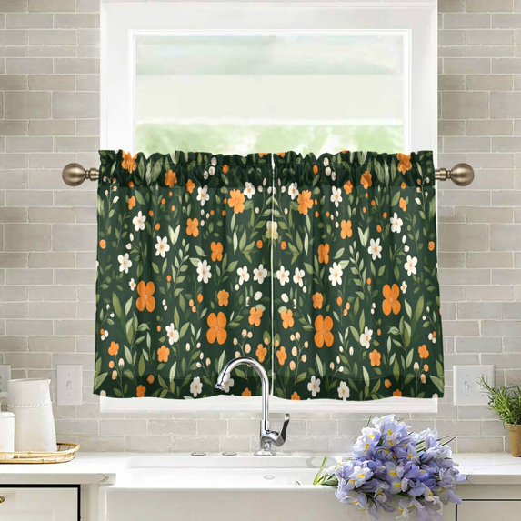 Yayeee Kitchen Curtains Tier Pair Light Filtering 27"x24" Rod Pocket Short Cafe Window Panel, Orange Flowers