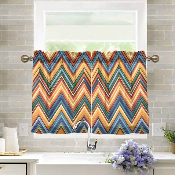 Yayeee Kitchen Curtains Tier Pair Light Filtering 27"x24" Rod Pocket Short Cafe Window Panel, Orange Geometric